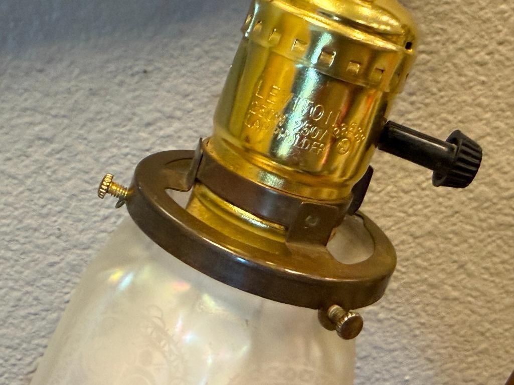 ART NOUVEAU STYLE BRASS DOUBLE-ARM TABLE LAMP WITH ACID ETCHED IRIDESCENT SHADES MADE IN GERMANY - 8