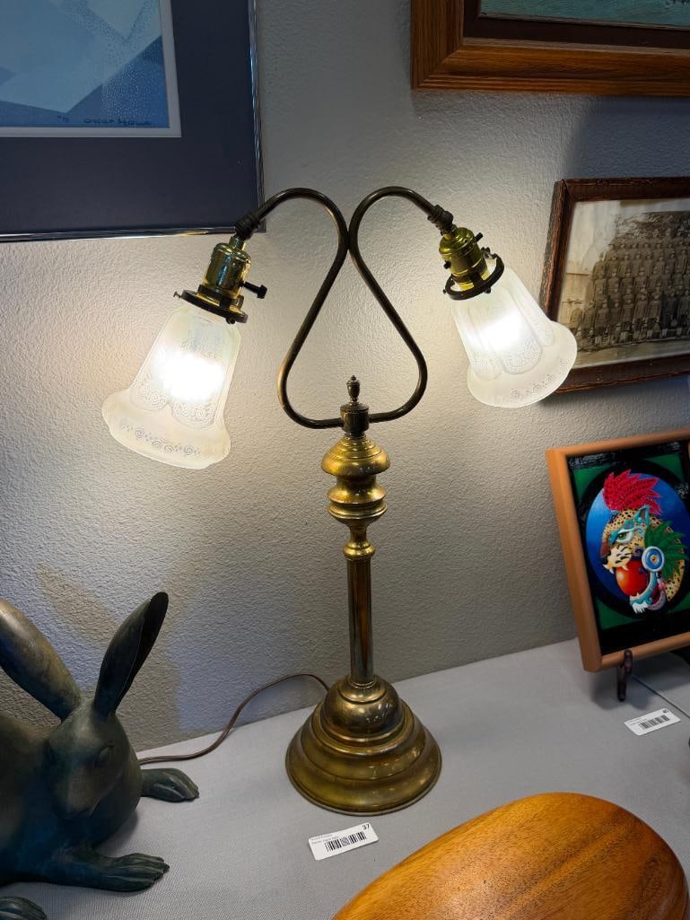 ART NOUVEAU STYLE BRASS DOUBLE-ARM TABLE LAMP WITH ACID ETCHED IRIDESCENT SHADES MADE IN GERMANY - 9
