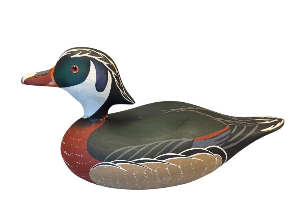 VINTAGE HORNICK BROS. STONEY POINT DECOYS WOOD DUCK HAND CRAFTED DECOY BY RAYMOND E. HORNICK: MADE IN OAK HALL, VIRGINIA, MARKED ON THE BOTTOM AND SIGNED, NECK HAS BEEN PREVIOUSLY REPAIRED 12" L