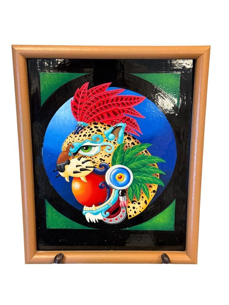 VIBRANT AZTEC-INSPIRED ORIGINAL PAINTING ON BOARD OF A STYLIZED JAGUAR (1 of 6)