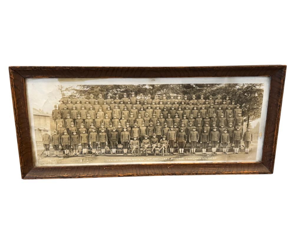 WWI 13TH ARTILLERY BRIGADE CAMP LEWIS, WASH. PHOTOGRAPH TRENCH MORTER BATTERY NOV. 1918: TRAINED FOR COMBAT AND TRENCH WARFARE, THOUGH THE WAR ENDED IN EARLY 1919, FRAMED 21 1/2" X 9 1/2" FRAME