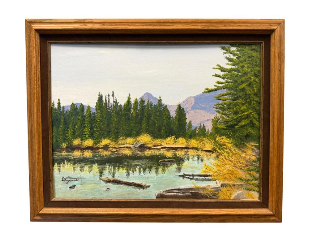 ORIGINAL OIL ON CANVAS BOARD PAINTING FOREST LANDSCAPE SIGNED WYNAT: ART DEPICTS BODY OF WATER SURROUNDED BY TREES WITH MOUNTAINS IN THE BACKGROUND, SIGNED LOWER LEFT, SCRATCH UPPER RIGHT CORNER, FRAMED 29" X 23" FRAME