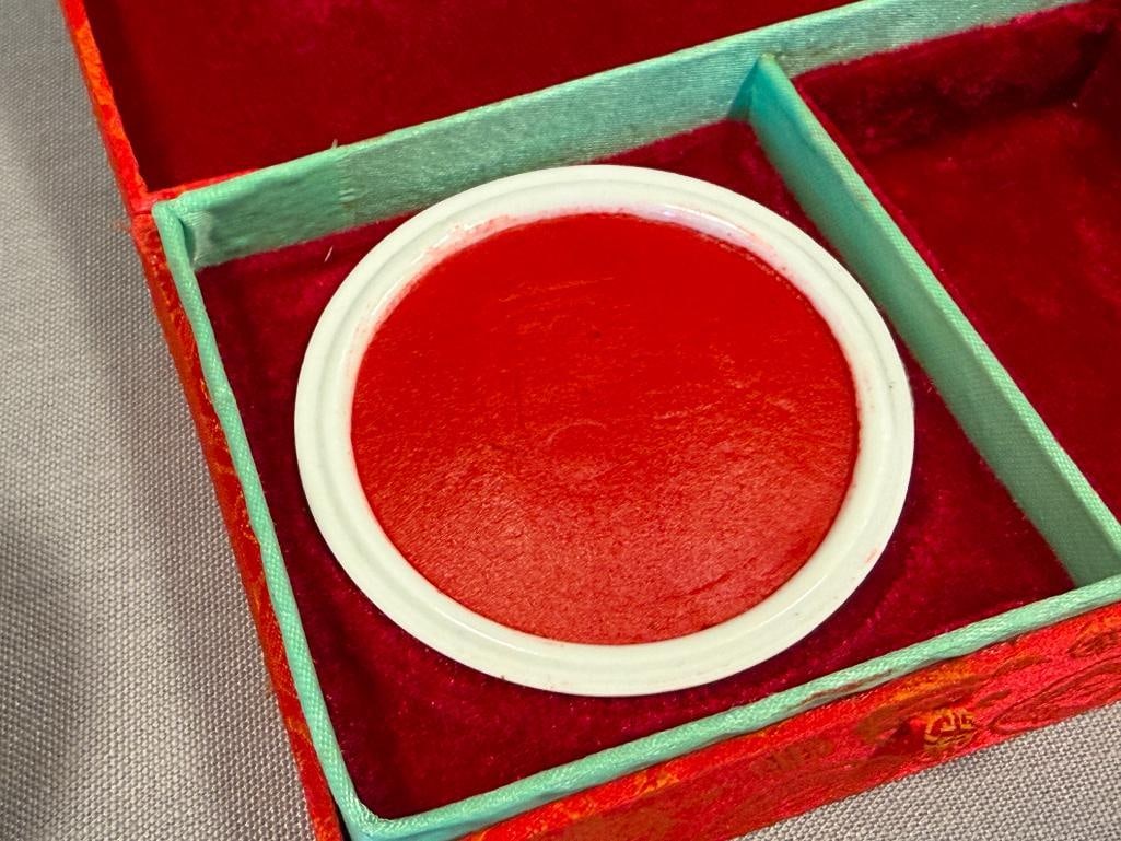 CHINESE ROSE MEDALLION HAND PAINTED PORCELAIN JAR AND CARVED STONE TANG HORSES CHOP SEAL - 11