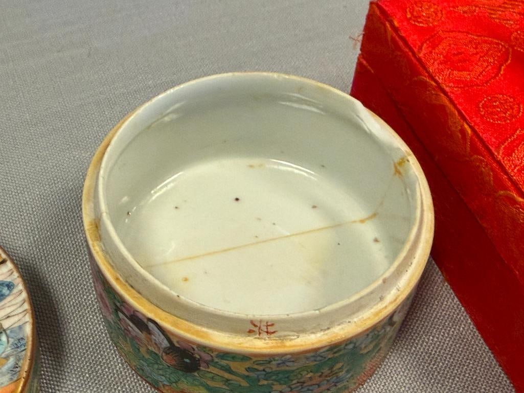 CHINESE ROSE MEDALLION HAND PAINTED PORCELAIN JAR AND CARVED STONE TANG HORSES CHOP SEAL - 8