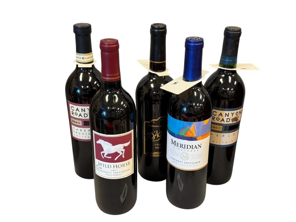 FIVE SEALED BOTTLES OF WINE CABERNET AND MERLOT CANYON ROAD, WILD HORSE, MERIDIAN, D' AGOSTINI (1 of 6)