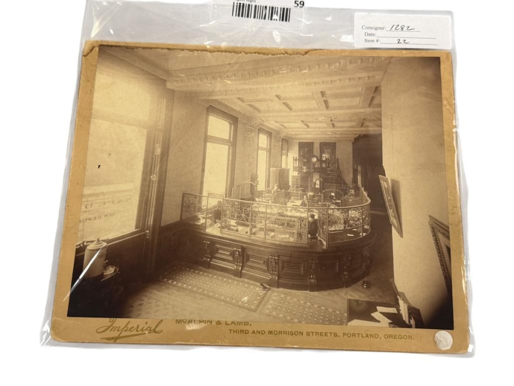 ANTIQUE CABINET CARD PHOTOGRAPH OF HISTORIC BUISNESS HALPIN & LAMB LOCATED IN PORTLAND, OREGON: PHOTO DEPICTS INTERIOR OF BUSINESS WITH LARGE CURVED WOODEN COUNTER, SEPIA TONED, IMPERIAL STUDIO 10" X 8" 