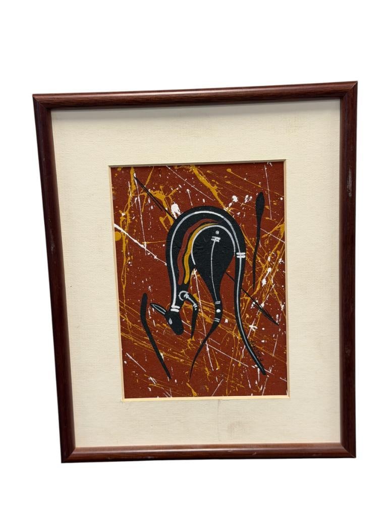 PETER MULCAHY ABORIGINAL ARTIST ORIGINAL PAINTING ON BOARD TITLED BIG GAME: PETER MULCAHY IS A TEACHER AND PAINTER DESCENDANT OF THE KAMILAROI TRIBE, ART DEPICTS A KANGAROO WITH OCHRE COLORS, SIGNED LOWER RIGHT, FRAMED 8 1/2" X 10 1/2" FRAME