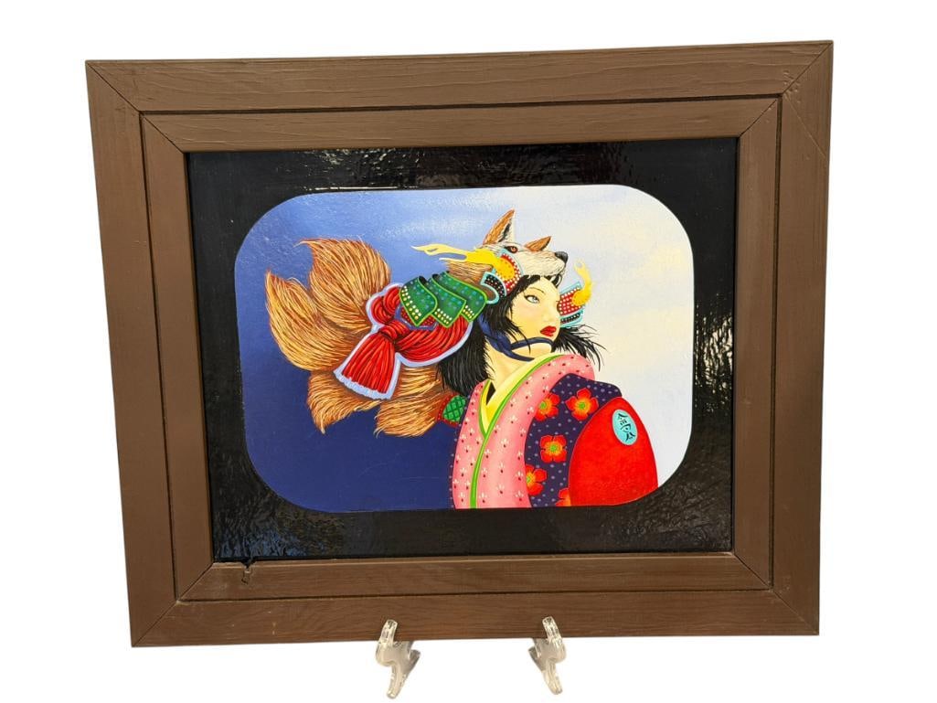 VIBRANT ORIGINAL PAINTING ON BOARD OF A JAPANESE WOMAN FEATURES KITSUNE / WOLF SPIRIT: ART DEPICTS WOMAN WITH WOLF HELMET IN VIBRANT COLORS WITH BLUE AND WHITE BACKGROUND, FRAMED 18" X 15" FRAME