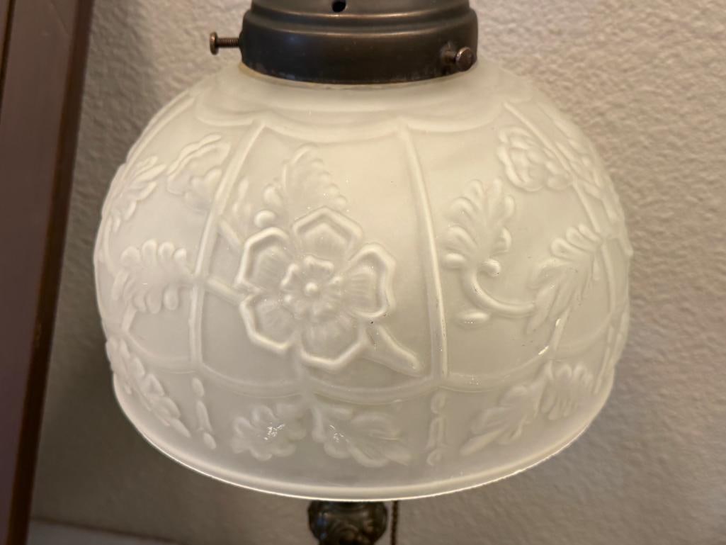 DECORATIVE VICTORIAN STYLED BEDSIDE LAMP WITH RELIEF FROSTED GLASS SHADE AND BRONZE FINISH BASE - 2