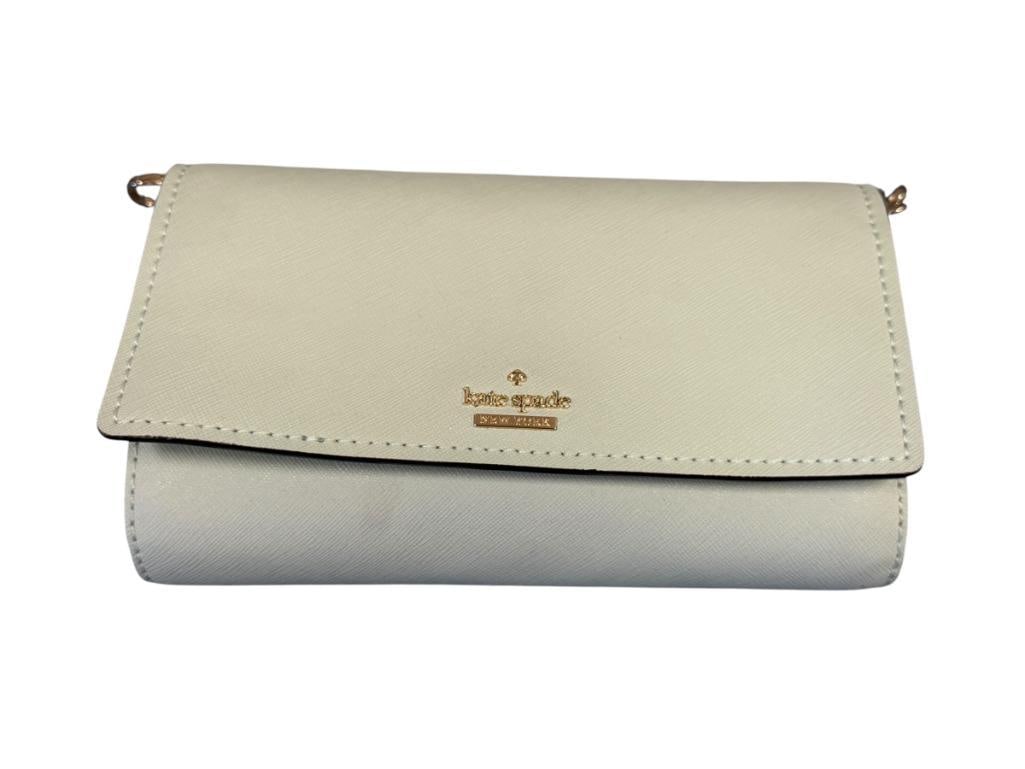 KATE SPADE LADIES DESIGNER CROSSBODY IN MINT GREEN WITH GOLD LOGO AND CHAIN STRAP: IN LIKE-NEW CONDITION 7 1/2" X 2" X 4"