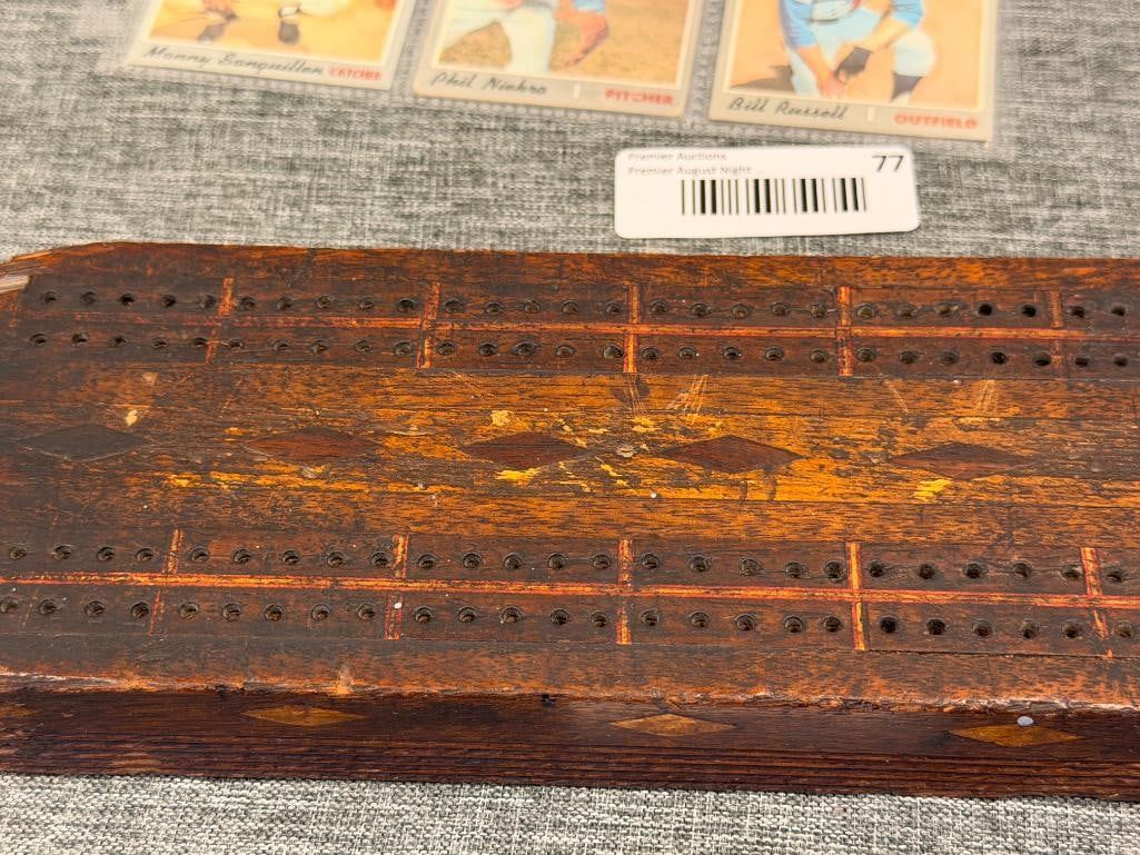 19TH CENTURY HAND CRAFTED OAK CRIBBAGE BOARD WITH DIAMOND DESIGN INLAY - 2