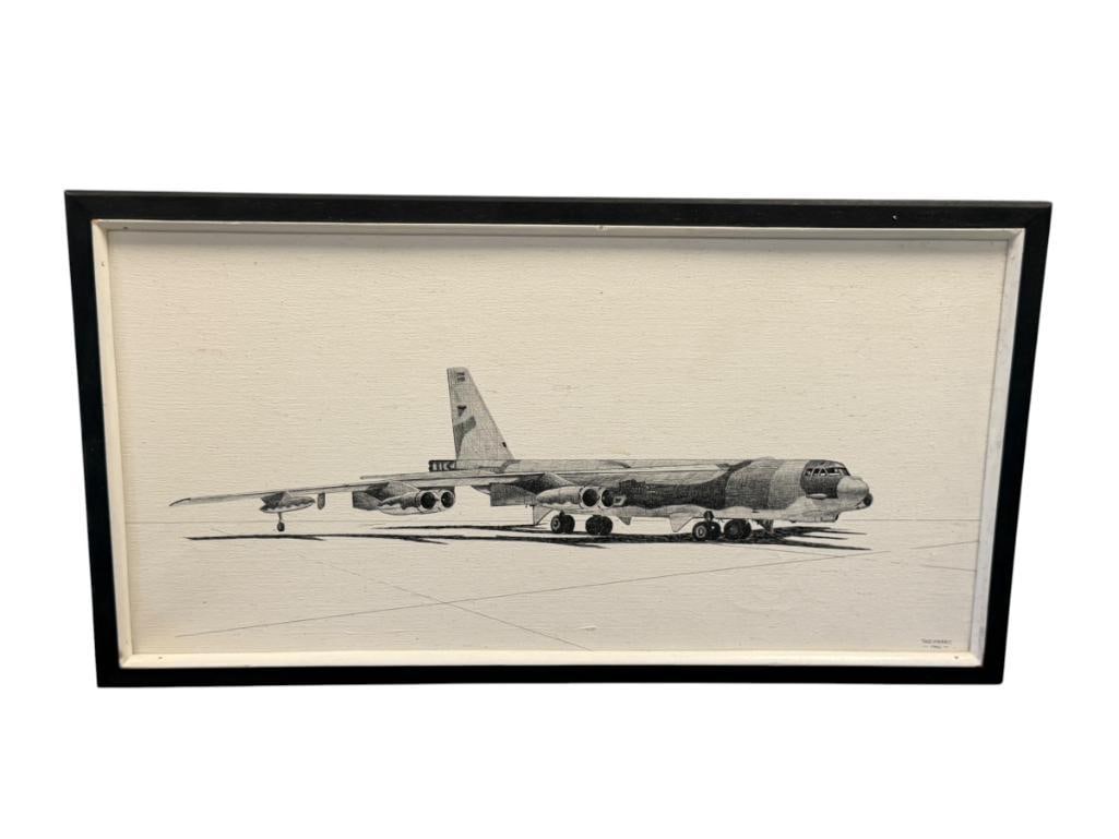 PHIL GUTIERREZ ORIGINAL PAINTING ON CANVAS AIRCRAFT BOEING B-52 STRATOFORTRESS BOMBER: ICONIC EIGHT-ENGINE AIRCRAFT, SIGNED LOWER RIGHT, FRAMED 25 1/2" X 13 1/2" FRAME