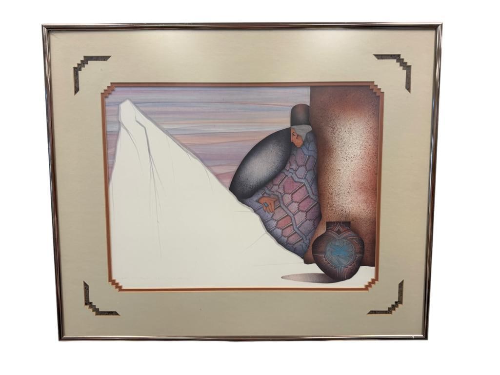 AMADO M. PENA JR. LISTED AMERICAN ARTIST PRINT TITLED SOMBRAS CIRCA 1985: AMDAO M. PENA JR. (B. 1943) IS AN AMERICAN ARTIST AND EDUCATOR, ART DEPICTS A FIGURE LEANING AGAINST A BUILDING WITH VESSEL IN FOREGROUND, SIGNED LOWER LEFT, FRAMED 29" X 24" FRAME