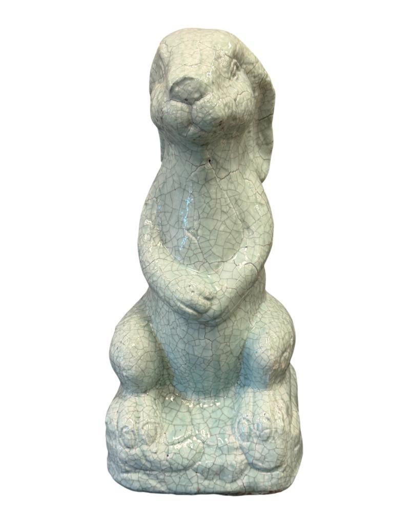 HEAVY TERRACOTA MINT GREEN CRACKLED GLAZE BUNNY STATUE (1 of 9)