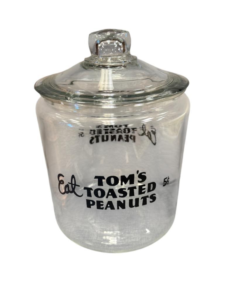 VINTAGE COUNTER TOP STORE GLASS PEANUT JAR TOM'S TOASTED PEANUTS 5 CENT (1 of 6)