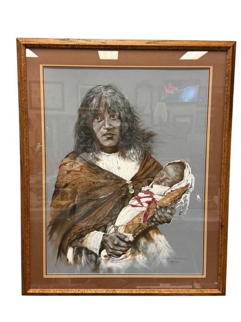 KEITH SLUDER CALIFORNIA ARTIST MIXED-MEDIA PAINTING TITLED FLOWERS OF THE EARTH: KEITH SLUDER BEGAN HIS ARTIST TRAINING THROUGH BOEING INC., KNOWN FOR HIS REALISTIC PAINTINGS, ART DEPICTS PORTRAIT OF A NATIVE AMERICAN MOTHER WITH CHILD IN A CRADLE BOARD, SIGNED LOWER RIGHT,