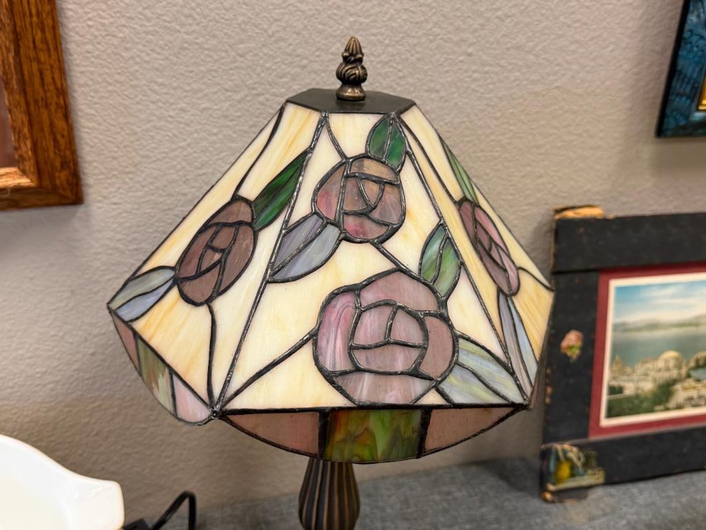 BRONZED TONED METAL LAMP WITH FLORAL STAINED GLASS SHADE - 2