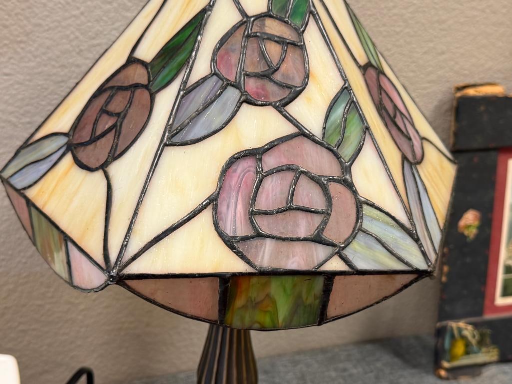 BRONZED TONED METAL LAMP WITH FLORAL STAINED GLASS SHADE - 3