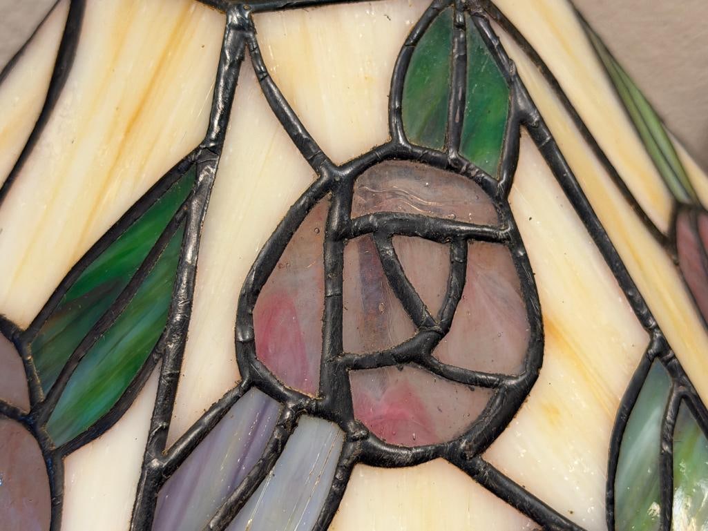 BRONZED TONED METAL LAMP WITH FLORAL STAINED GLASS SHADE - 4