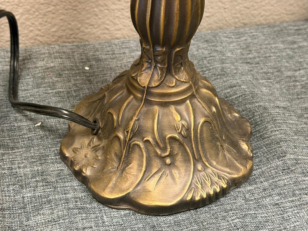 BRONZED TONED METAL LAMP WITH FLORAL STAINED GLASS SHADE - 5