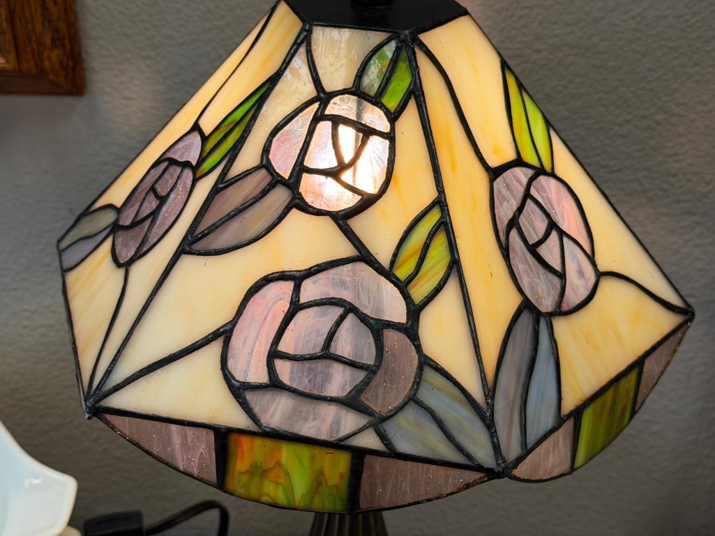 BRONZED TONED METAL LAMP WITH FLORAL STAINED GLASS SHADE - 7