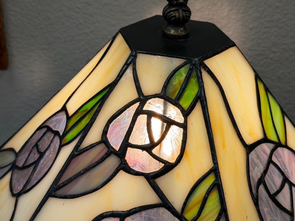 BRONZED TONED METAL LAMP WITH FLORAL STAINED GLASS SHADE - 8