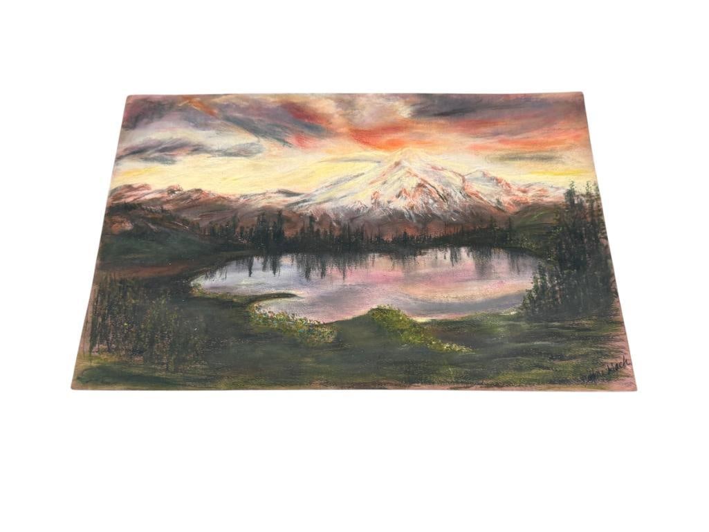 DEBBIE MACH LOCAL NEVADA ARTIST ORIGINAL OIL PASTEL ON PAPER PAINTING OF A LANDSCAPE: ART DEPICTS SCENE IN SIERRA NEVADA MOUNTAINS, BODY OF WATER SURROUNDED BY TREES WITH SNOW CAPPED MOUNTAIN IN THE BACKGROUND, SIGNED LOWER RIGHT 18" X 12" 