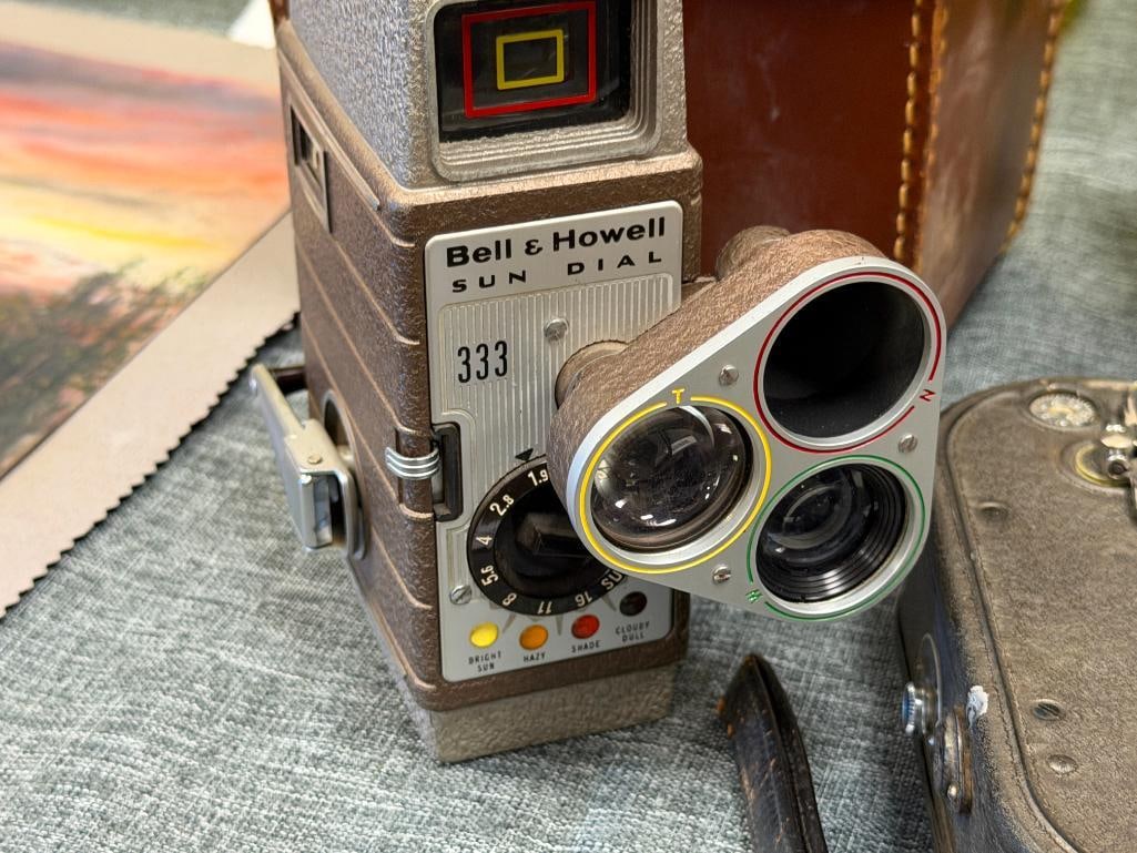 VINTAGE 8MM FILM / MOVIE CAMERAS BELL & HOWELL SUN DIAL 333 AND 134 CAMERA, KEYSTONE K-8 AND K26 - 8