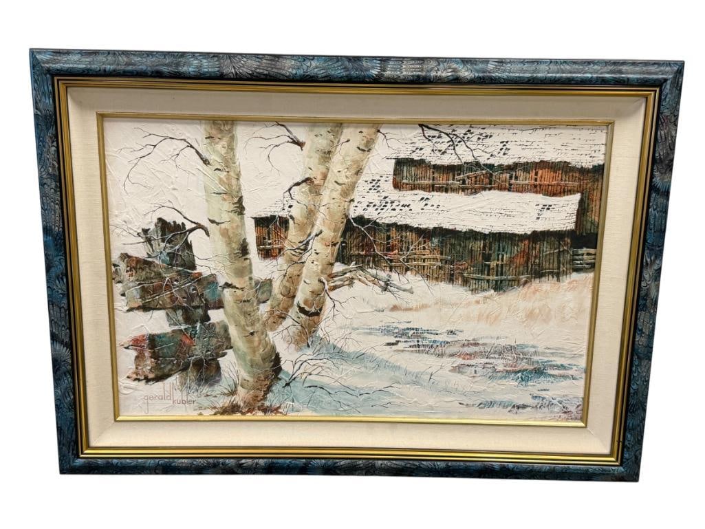 GERALD KUBLER AMERICAN ART HISTORIAN ORIGINAL MIXED MEDIA ORIGINAL PAINTING: ERALD KUBLER (1912-1996) WAS AN ART HISTORIAN AND PAINTER, ART DEPICTS WINTER SCENE WITH WITH SNOW COVERED BUILDINGS AND BIRCH TREES IN THE FOREGROUND, SIGNED LOWER LEFT, FRAMED 27" X 19" FRAME