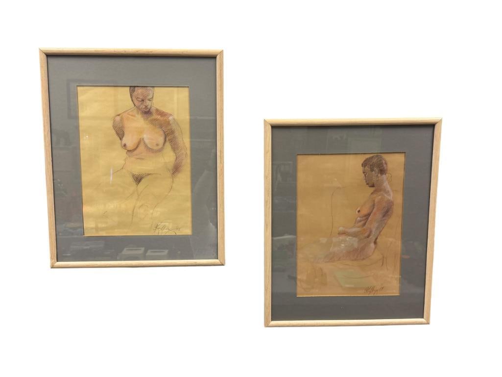 VIRGINIA KYLBERG CALIFORNIA ARTIST NUDE CHARCOAL SKETCHES OF AFRICAN AMERICAN WOMAN: BOTH SKETCHES DEPICTS NUDE SEATED AFRICAN AMERICAN WOMEN, BOTH SIGNED AND DATED LOWER RIGHT 1988, ARTIST CARD ON THE BACK, FRAMED 21" X 17" FRAME