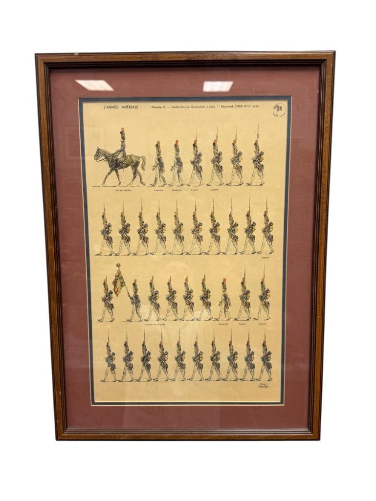 JEAN AUGE HISTORICAL MILITARY UNIFORM ILLUSTRATION NAPOLENIC FRENCH IMPERIAL ARMY PLATE 3 1804-1815: PLANCHE 3 FOOT GRENADIERS OF THE OLD GUARD, 1ST REGIMENT, ILLUSTRATION DEPICTS TOP RANKING OFFICERS TO CORPORALS, WITH TALL BEARSKIN HATS, BACKPACKS, MUSKETS, ETC., FRAMED 17 1/4" X 24 1/4" FRAME