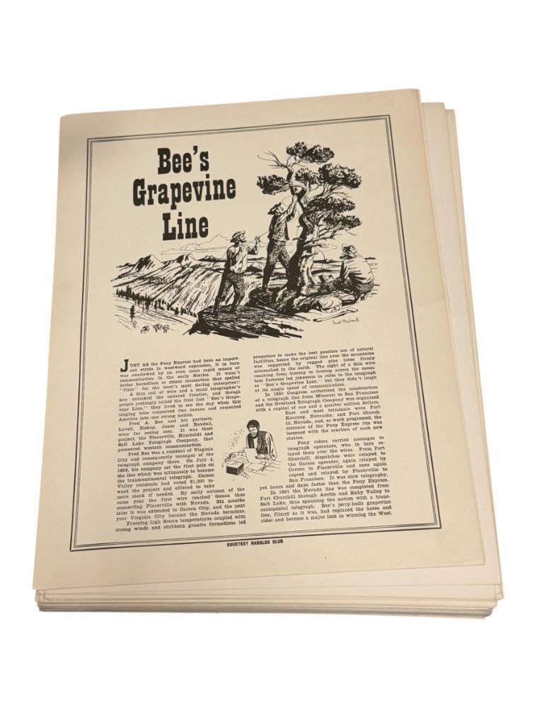HISTORICAL FEATURES / STORIES OF NEVADA FEATURED IN NEVADA NEWSPAPERS PROVIDED BY THE HAROLD'S CLUB: LATE 1940'S ARTICLES PRESENTED BY THE HAROLD'S CLUB, EACH FEATURES TELLS A STORY SUCH AS HINDS HOT SPRINGS, SNOWSHOE'S LOST MINE, EAGLE VALLEY RAILWAY, VIRGINIA CITY GASPED, AND MANY OTHERS TOTAL OF