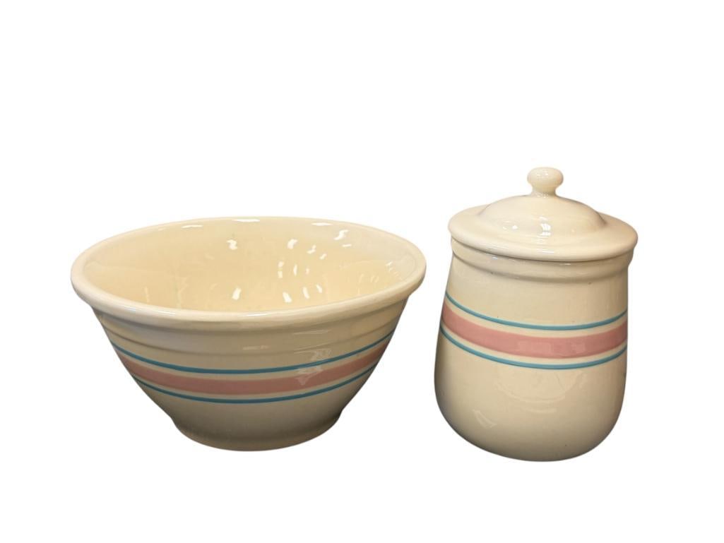 VINTAGE MCCOY POTTERY CERAMIC MIXING BOWL AND CANISTER WITH PINK AND BLUE BANDS: MATCHING BOWL AND CANISTER, BOTH MARKED ON THE BOTTOM, NO CHIPS OR CRACKS 10" BOWL, 8" CANISTER