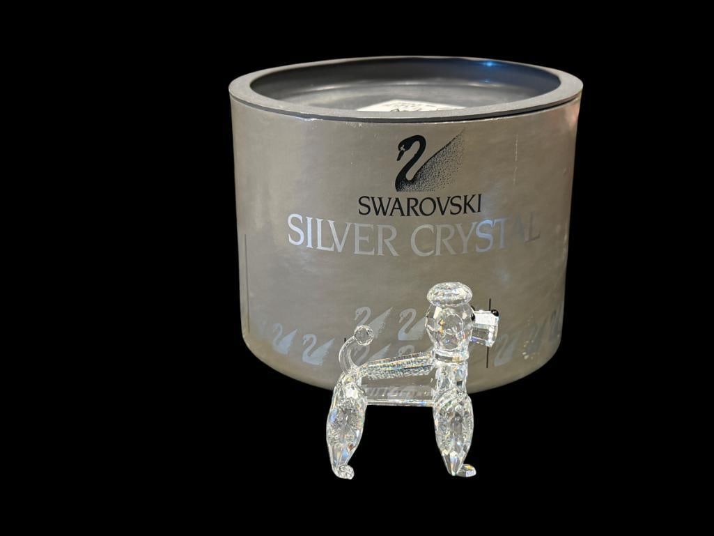 SWAROVSKI CRYSTAL STANDING POODLE FIGURINE NO. 167571 PETS CORNER COLLECTION RETIRED IN 1997: DESIGNED BY ADI STOCKER, RELEASED IN 1992, IN MINT CONDITION INCLUDES ORIGINAL BOX 2 1/4" H