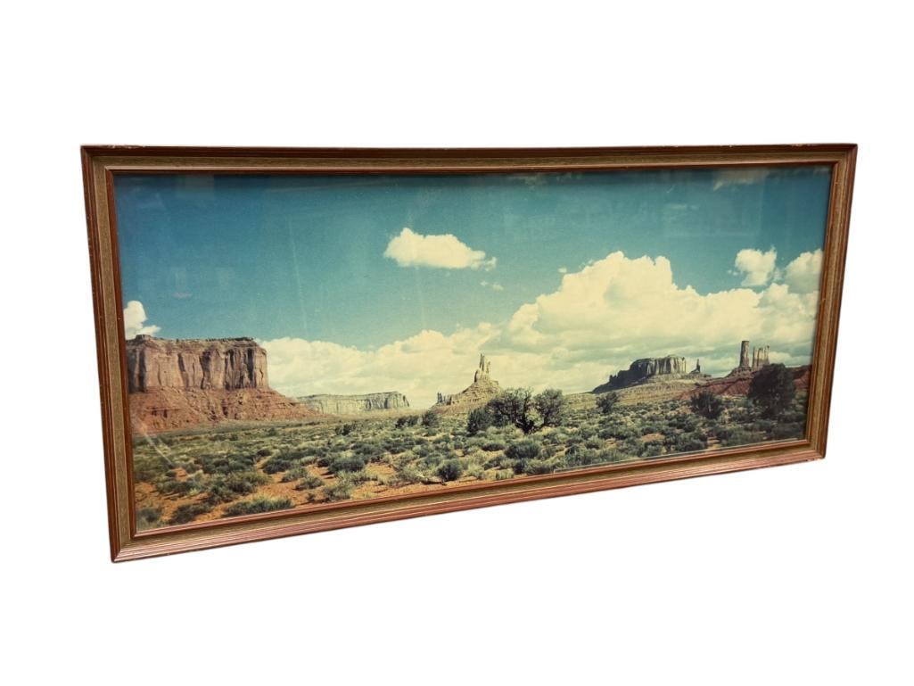 VINTAGE SOUTHWEST DESERT PANORAMIC SCENE MONUMENT VALLEY, ARIZONA: 31 1/2" X 14 1/2" FRAME
