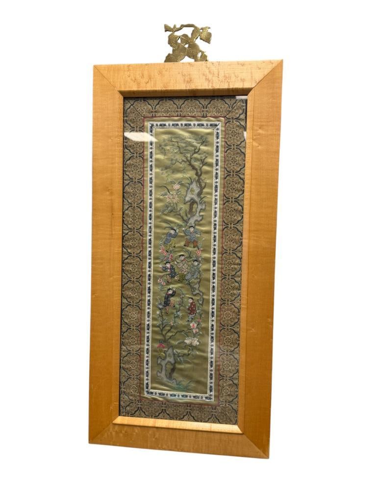 EMBROIDERED CHINESE SILK TEXTILE WITH CHILDREN IN A GARDEN CLIMBING A TREE (1 of 8)