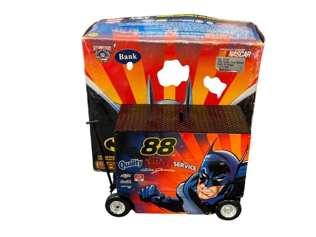 50TH ANNIVERSARY NASCAR DALE JARRETT BATMAN PIT WAGON 1/16 DIE CAST SCALE COIN BANK: LIMITED EDITION OF 2,508, WITH ORIGINAL BOX 6 1/2" L