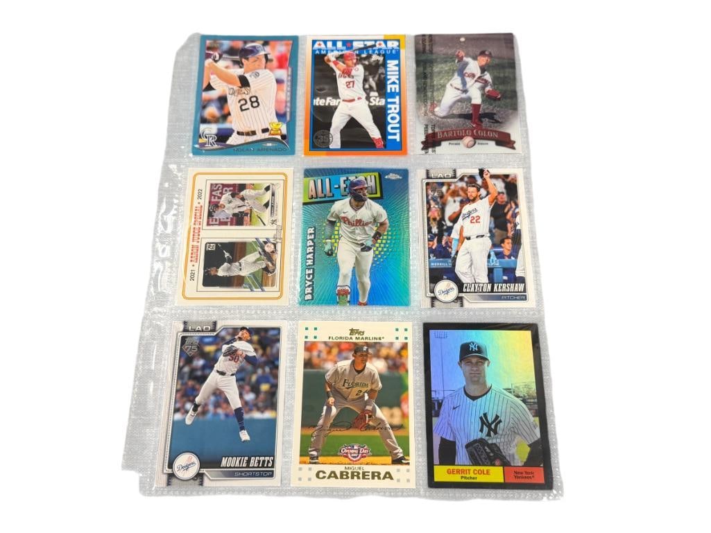 FUTURE HALL OF FAMERS BASEBALL CARDS MOOKIE BETTS, MIGUEL CABRERA, BRYCE HARPER, MIKE TROUT: 2024 TOPPS GERRIT COLE, 2025 TOPPS MIKE TROUT, 2023 TOPPS AARON JUDGE, 2014 TOPPS NOLAN ARENADO, SEE PHOTOS FOR CONDITION