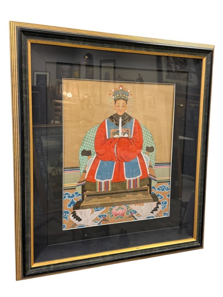 ORIGINAL CHINESE PAINTING ON TEXTILE ANCESTRAL PORTRAIT: ART DEPICTS PORTRAIT OF AN ELDER WOMAN SITTING IN A THRONE ON TOP OF A RUG WITH RED HOODED CRANES AND CLOUDS, FRAMED 32 1/2" X 36" FRAME