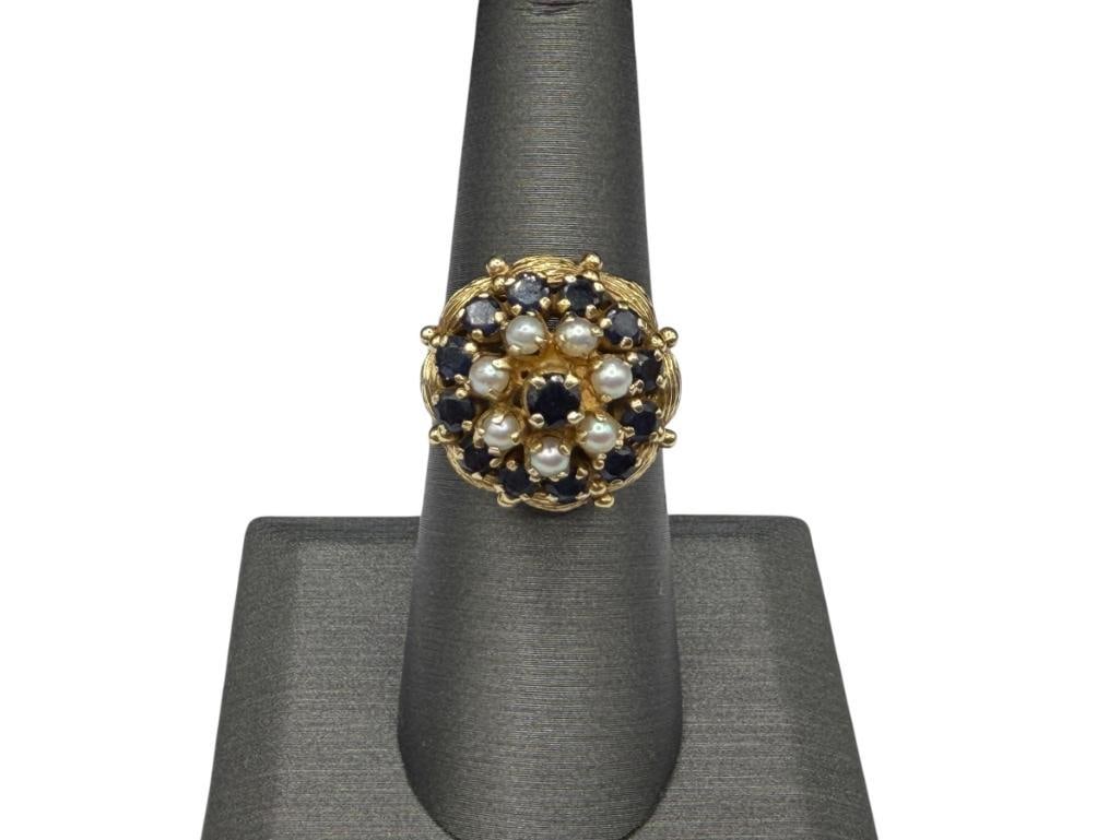 14K YELLOW GOLD DESIGNER HALLMARKED ROUND CUT BLUE SAPPHIRE AND SEED PEARL COCKTAIL RING (1 of 6)