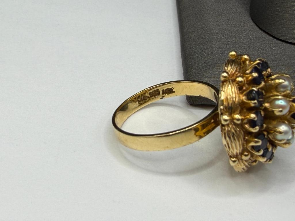 14K YELLOW GOLD DESIGNER HALLMARKED ROUND CUT BLUE SAPPHIRE AND SEED PEARL COCKTAIL RING - 6