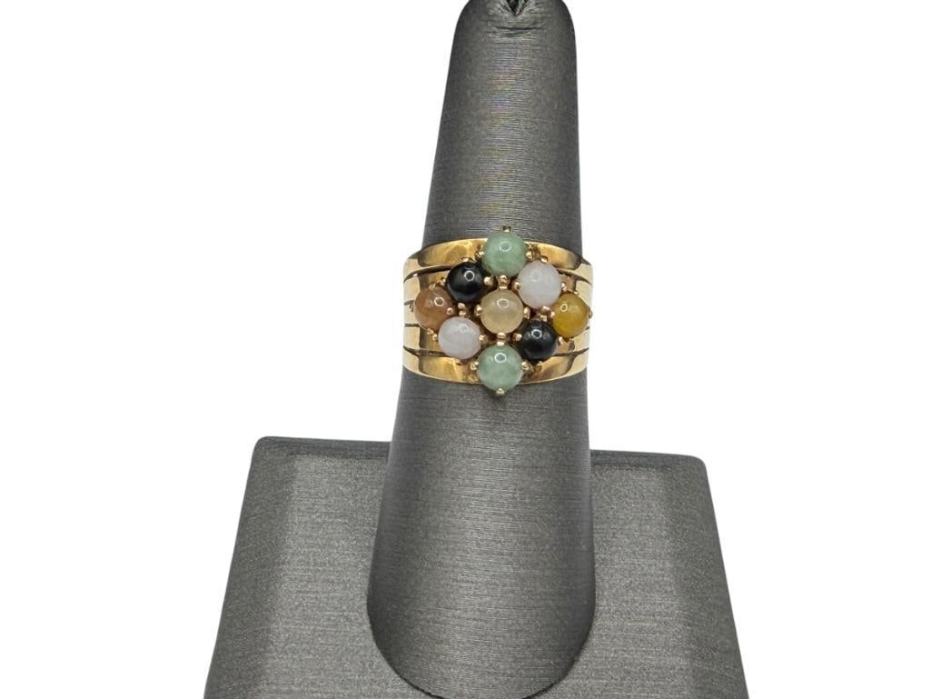 14K YELLOW GOLD DESIGNER SIGNED ROUND CABOCHON JADE CLUSTER RING (1 of 4)