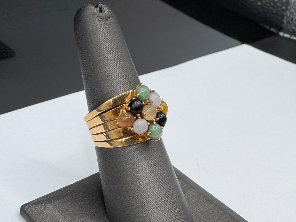 14K YELLOW GOLD DESIGNER SIGNED ROUND CABOCHON JADE CLUSTER RING - 2