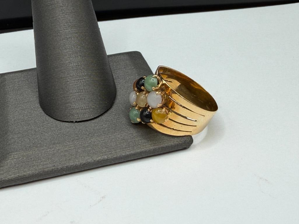 14K YELLOW GOLD DESIGNER SIGNED ROUND CABOCHON JADE CLUSTER RING - 3