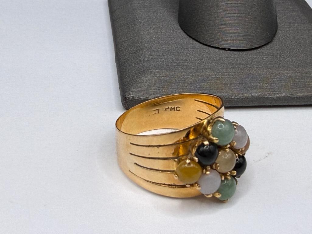 14K YELLOW GOLD DESIGNER SIGNED ROUND CABOCHON JADE CLUSTER RING - 4