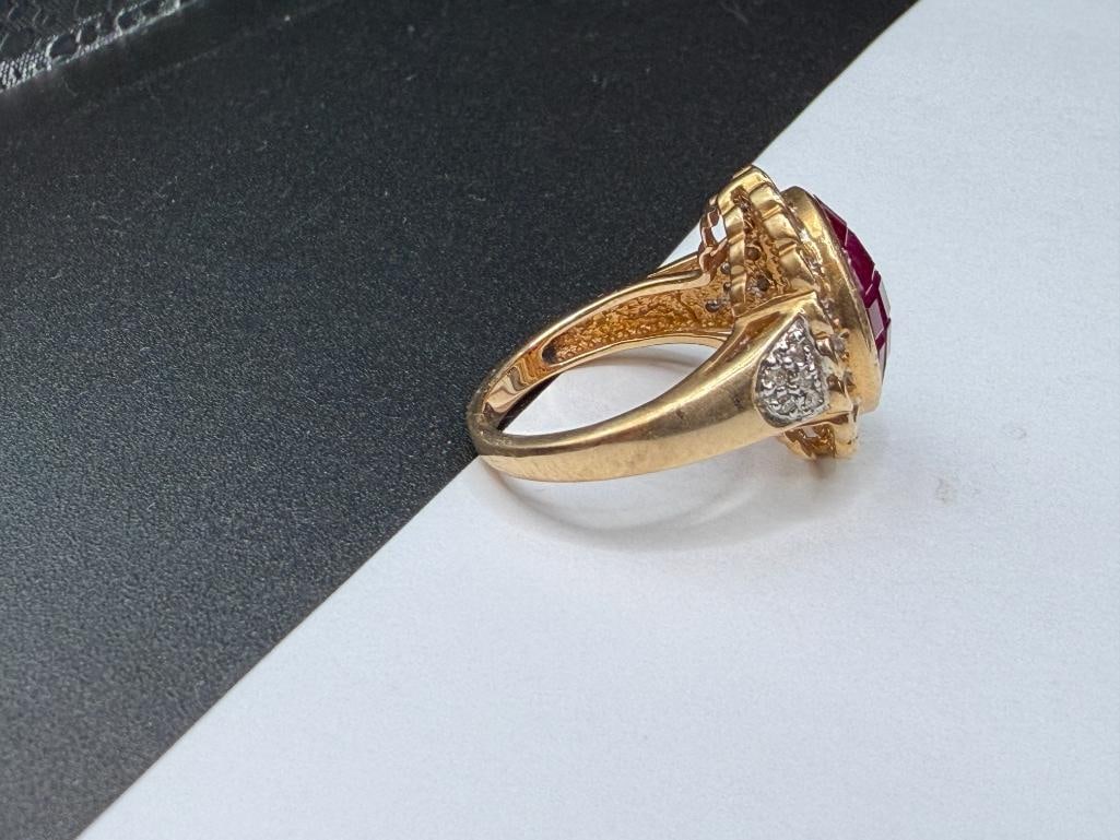 14K YELLOW GOLD PRINCESS CUT RUBY AND DIAMOND FASHION RING - 6
