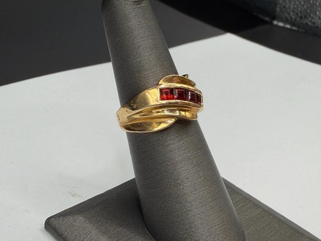 14K YELLOW GOLD TOWN & COUNTRY DESIGNER SIGNED CHANNEL SET PRINCESS CUT GARNET RING - 2