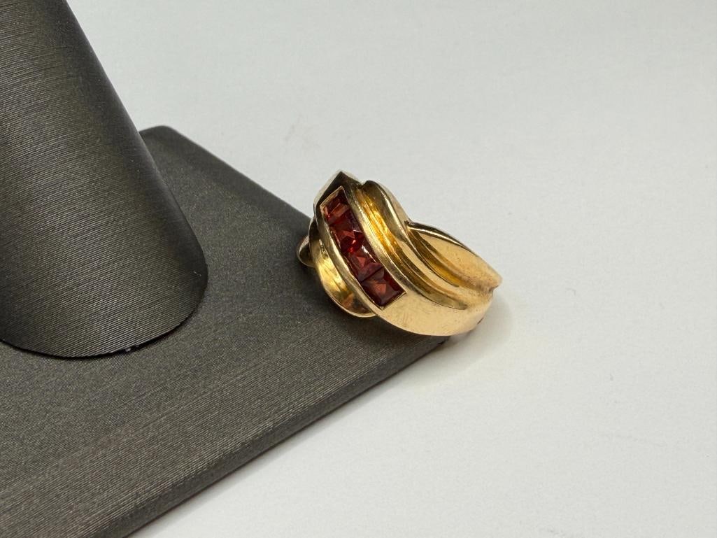 14K YELLOW GOLD TOWN & COUNTRY DESIGNER SIGNED CHANNEL SET PRINCESS CUT GARNET RING - 3