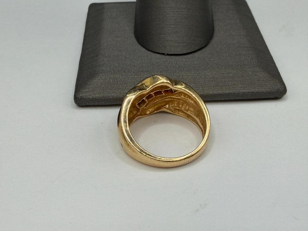 14K YELLOW GOLD TOWN & COUNTRY DESIGNER SIGNED CHANNEL SET PRINCESS CUT GARNET RING - 4