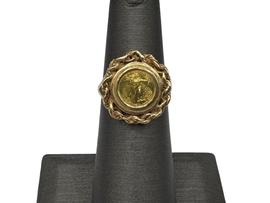 14K YELLOW GOLD U.S. COIN DESIGN RING: FEATURING ST GAUDEN'S DESIGN WITH FIGURAL ROPE BORDER SIZE 5 1/4, 5/8" FRONT, 4.11 GRAMS